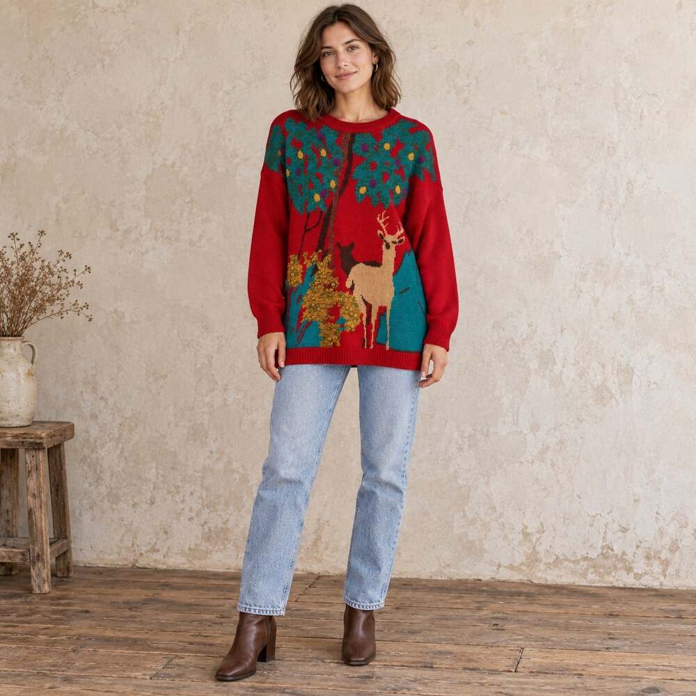 Vintage 90s Vibrant Woodland Ramie Cotton Oversized Sweater Women’s XL Cabin
